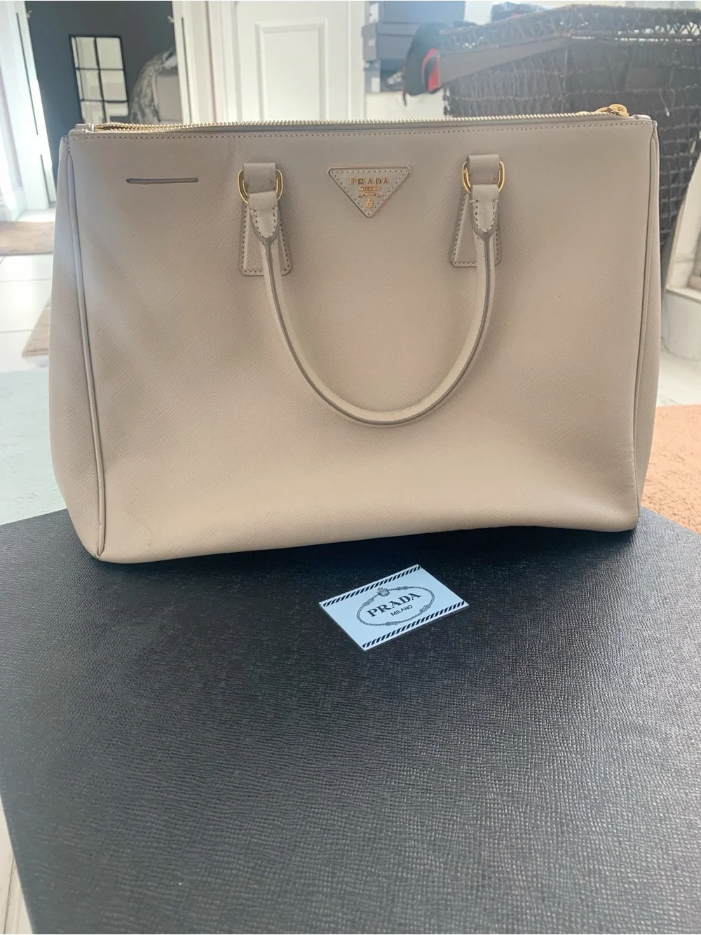 Prada Taupe Saffiano Leather Satchel with Gold Hardware